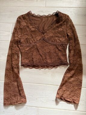 Brown Long Sleeve Lace Crop Top
